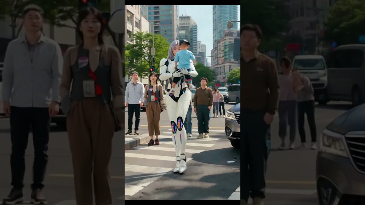 Futuristický robotický ochránce zachrání chlapce před autonehodou #AI #Robot #SciFi #BudoucnostTechnologií #AIvideo #Hrdina
